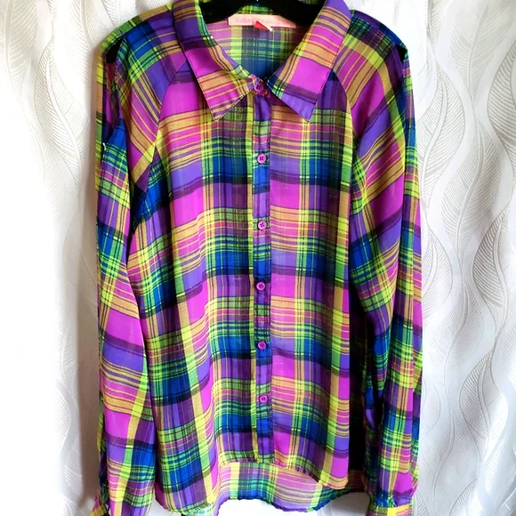Sheer Vibrant Plaid Open Long Sleeve Cold-Shoulder Button Down - Picture 1 of 8